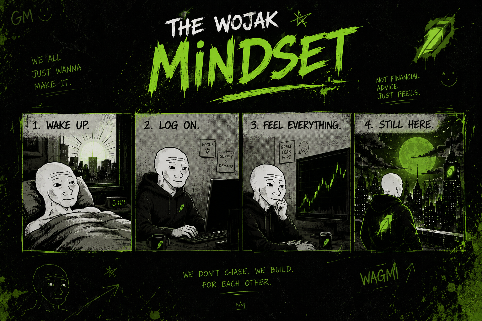 the wojak mindset - wake up, log on, feel everything, still here.
